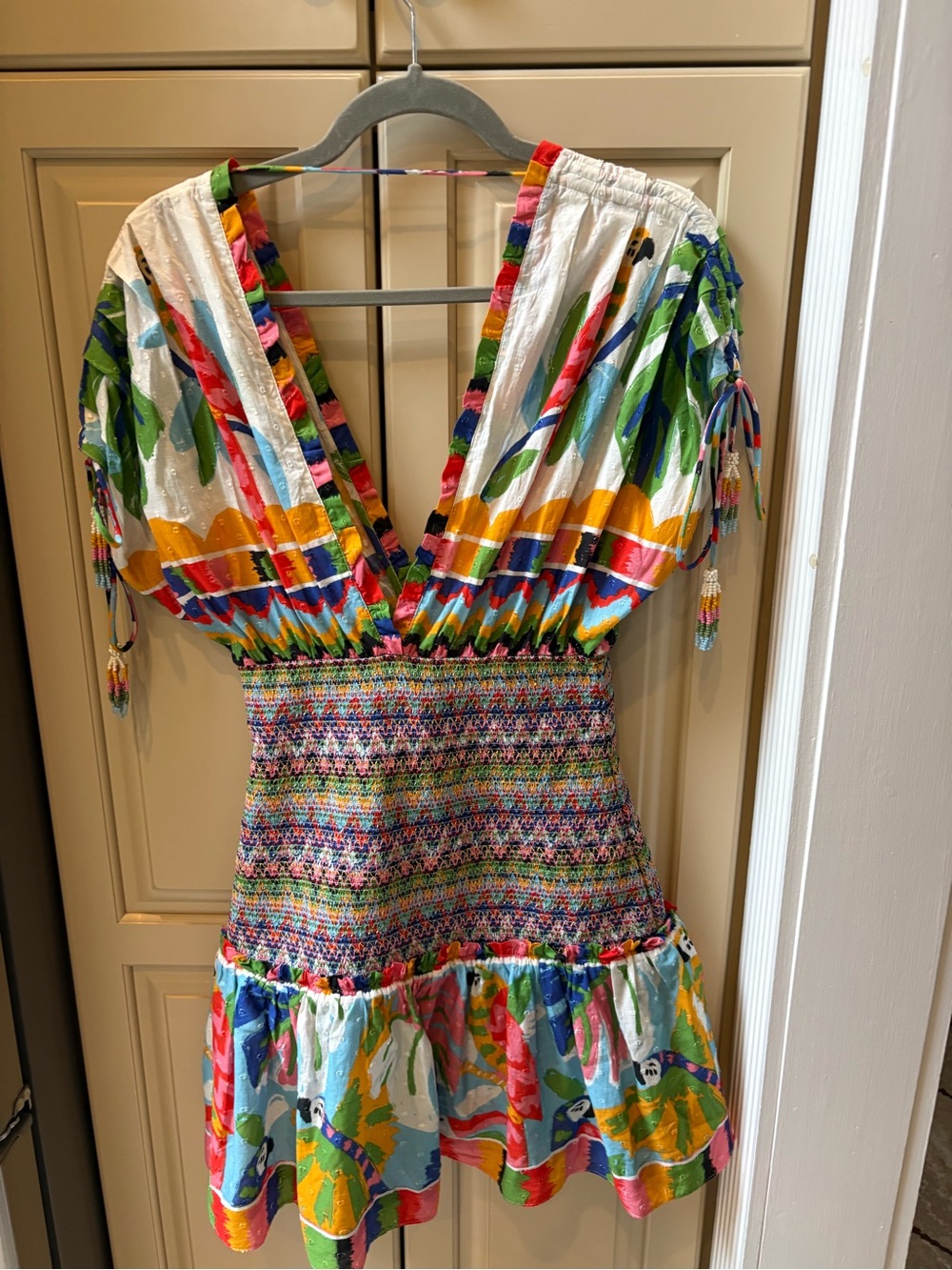 FARM Rio Multicolor Smocked Mini Dress - White, Green, Yellow, Blue, Red, Pink